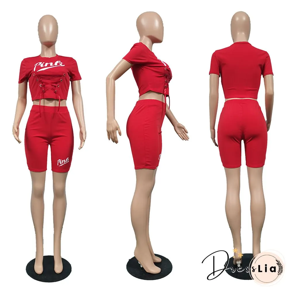 Sportswear Short Sleeve Crop Tops Biker Shorts Set