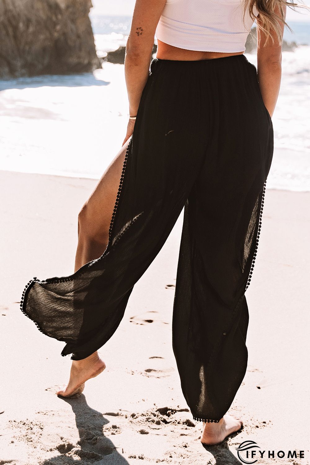 Black Lace Trim Along Split Leg Beach Cover up Pants | IFYHOME