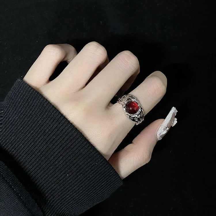 Red Opal Irregular Rings Y2K Simple Bud Gem Flower Opening Ring Hollow Aesthetic Vintage Jewelry Finger Rings For Women