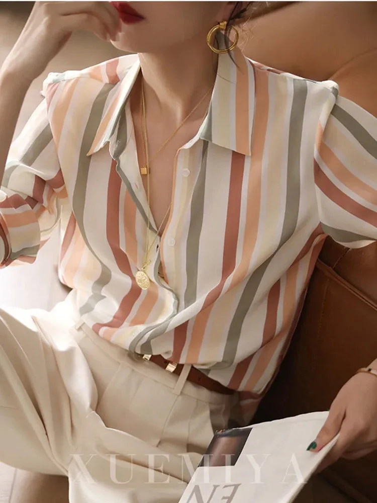 Huiketi Silk Women Shirts Vintage Rainbow Striped Korean Designed Office Ladies Tops Button Up Fashion Spring Long Sleeve Tops