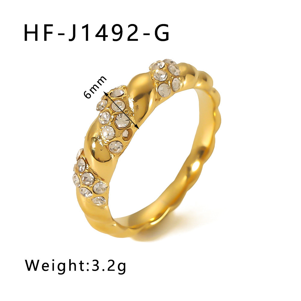 IG Style Circle Tennis / Diamond Line Pleated Geometric Stainless Steel Electroplating Rings