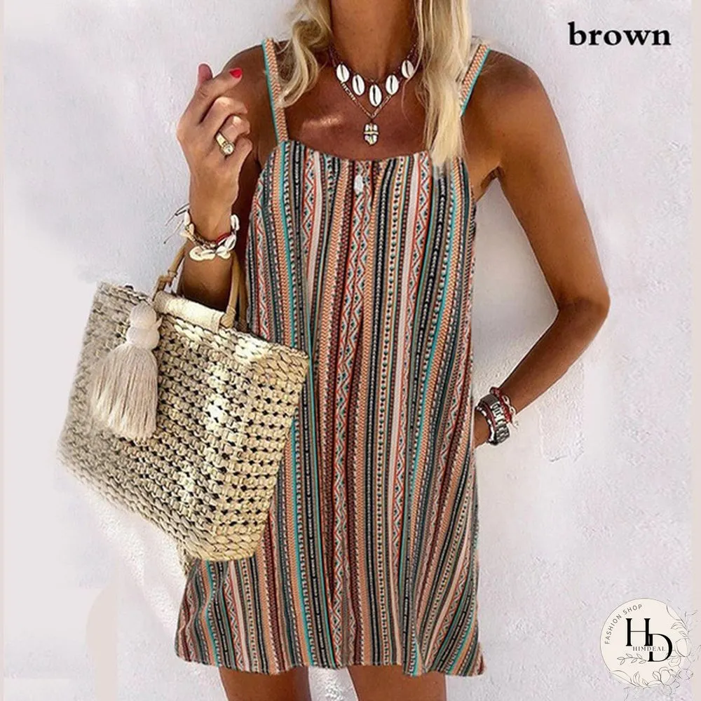 Women's Fashion Loose Casual Stripe Sleeveless Summer Dress Sling Dress Strap Dress Mini Dress