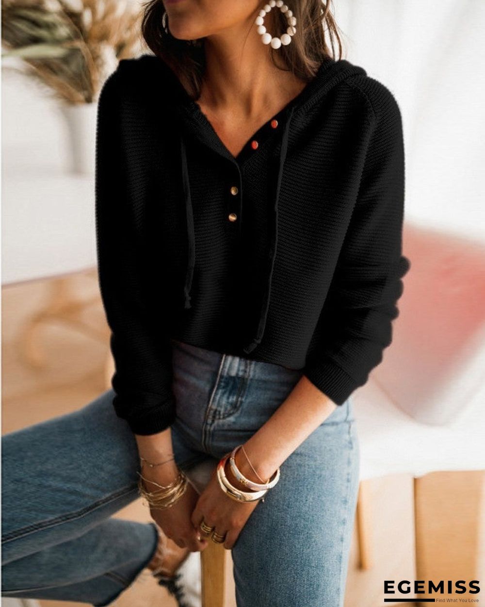 Button Front Drawstring Hooded Sweater | EGEMISS