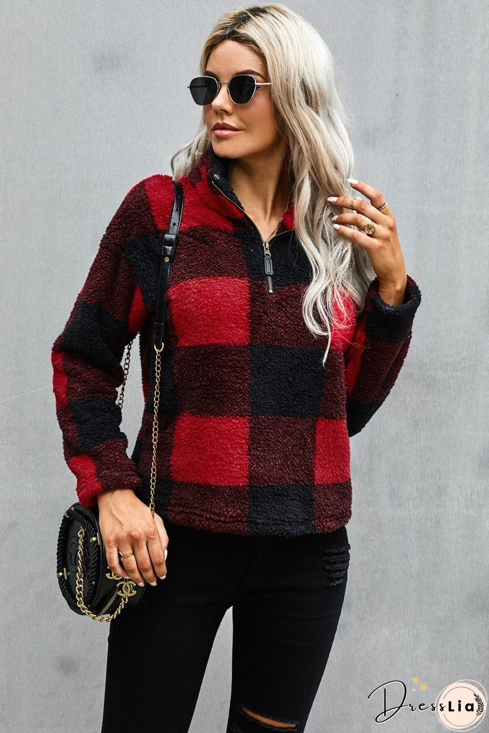 Women's Winter Red Plaid Zip Collar Plush Pullover Sweatshirt