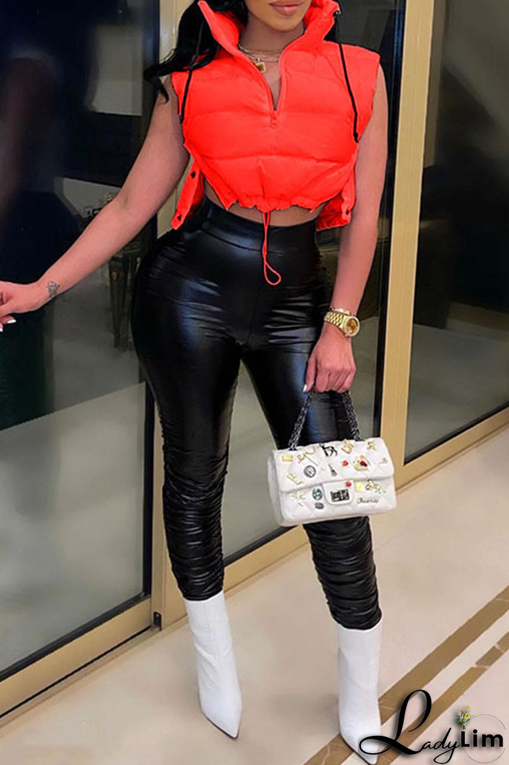 Tangerine Red Casual Street Solid Patchwork Draw String Buttons Zipper Outerwear