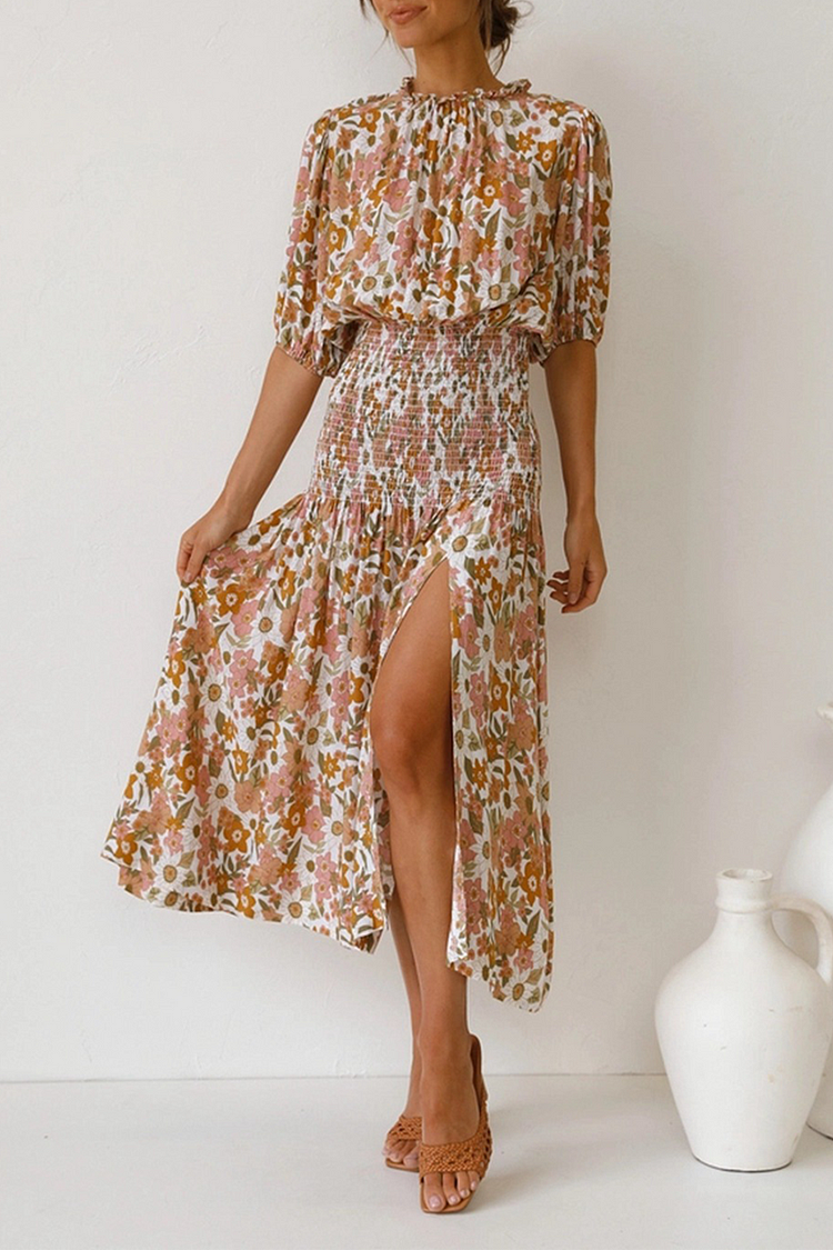 Casual Print Split Joint O Neck Waist Skirt Dresses - Life is Beautiful for You - SheChoic