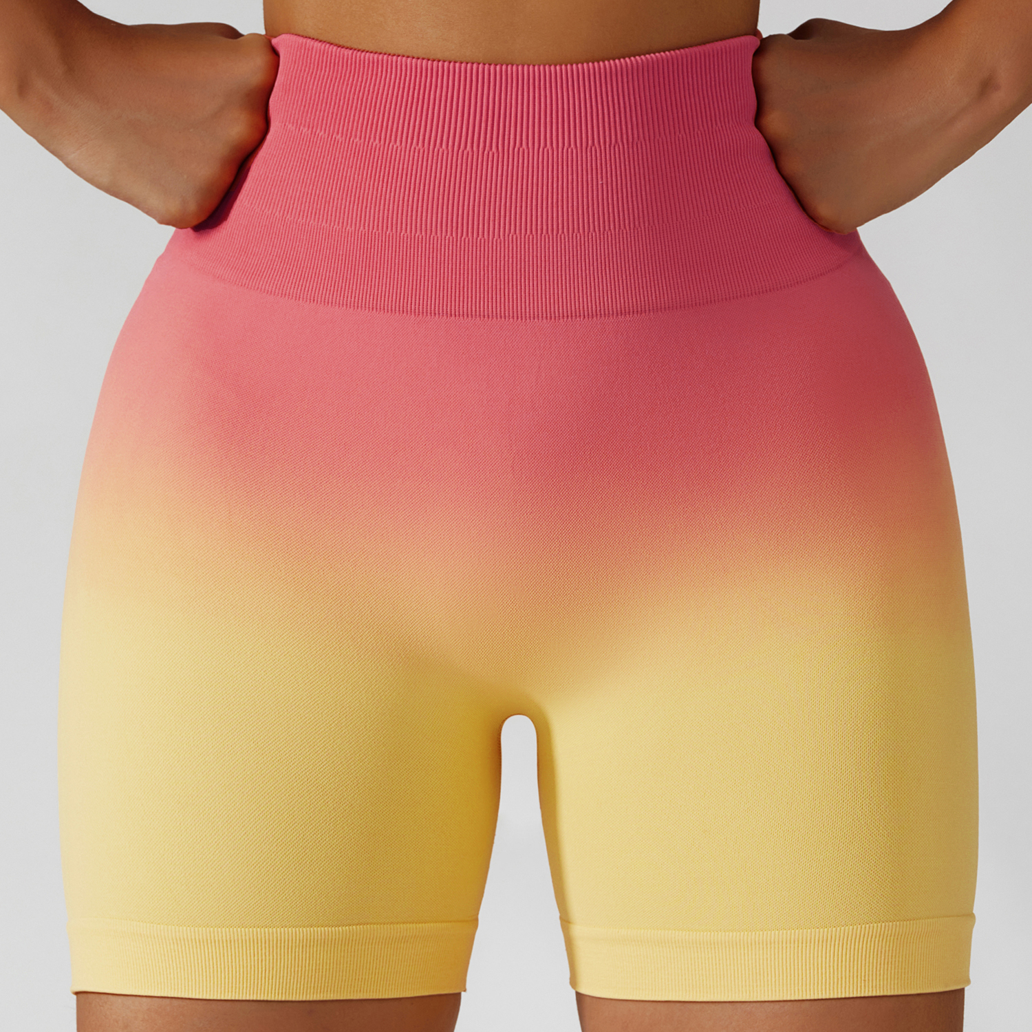 Hergymclothing Rose Yellow high waist scrunch butt lifting gradient printing seamless workout shorts online shopping