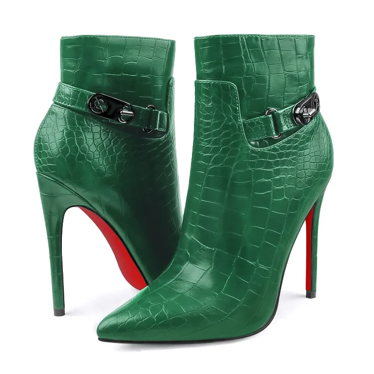 Women's Pointed Toe Crocodile Pattern Stiletto Ankle Red Bottom Boots Side Zipper Booties With Metal Buckle VOCOSI VOCOSI