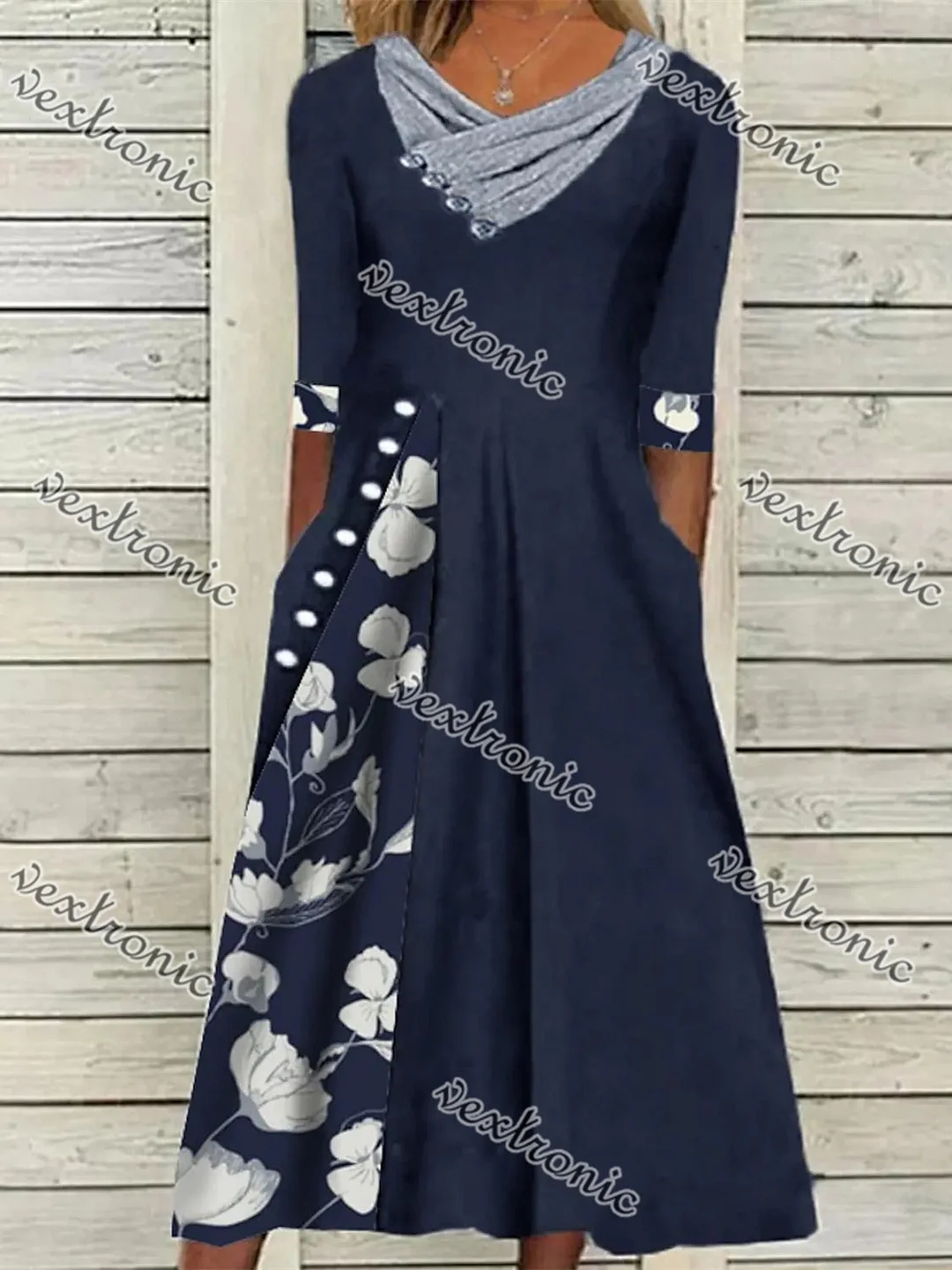 Women plus size clothing Women's Dark Blue Half Sleeve V-neck Graphic Floral Printed Pockets Midi Dress-Nordswear