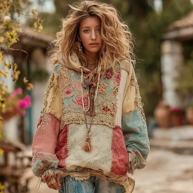 Women's Vintage Bohemian Floral Panel Cozy Warm Hoodie