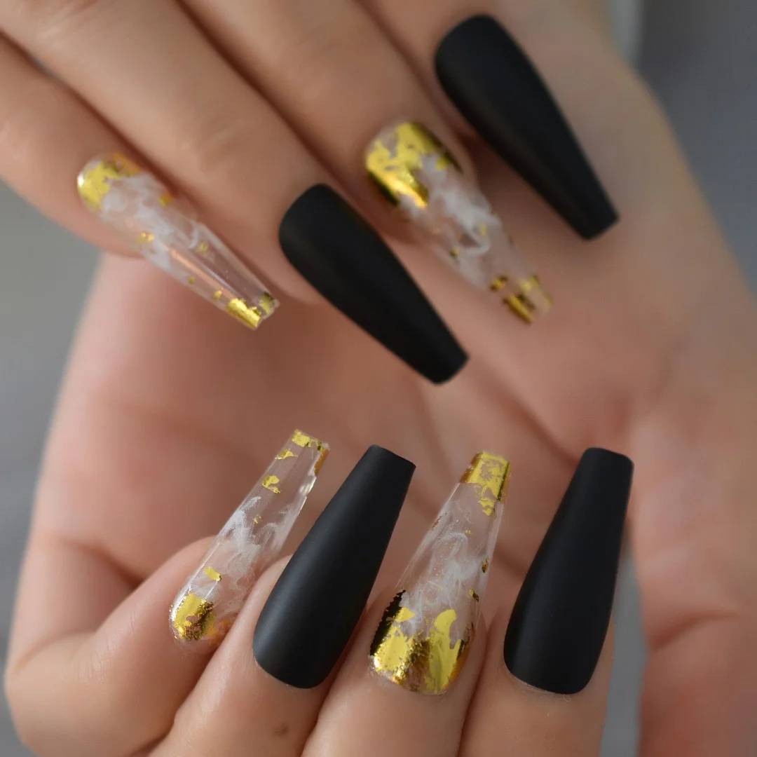 Glossy Nail Tips With 6pcs Foil Press On Nails 2021 Coffin Fingernails Extra Long Manicure With Design Supplies For Professional-Nail Inspo