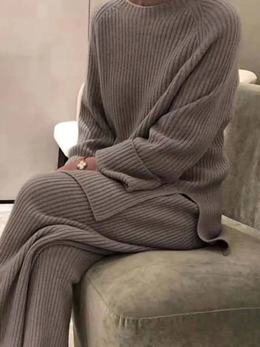 Round Neck Pit Strip Knit Sweater & Wide Leg Pants Sets