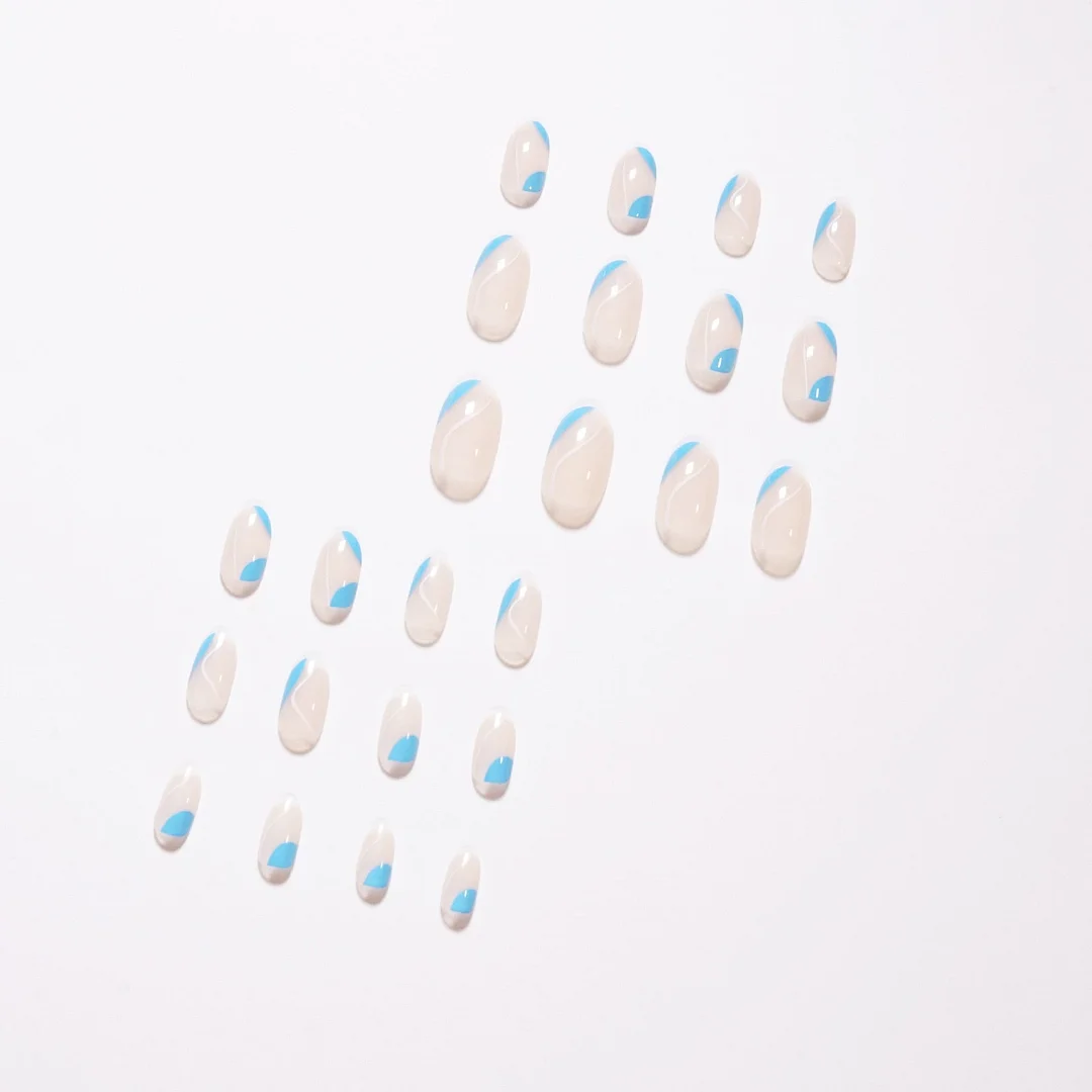 24pcs Detachable Blue Wave White Line Matching False Nail Full Cover Fake Nails DIY Glue Press On Nails Wearable Nail Patch-Nail Inspo
