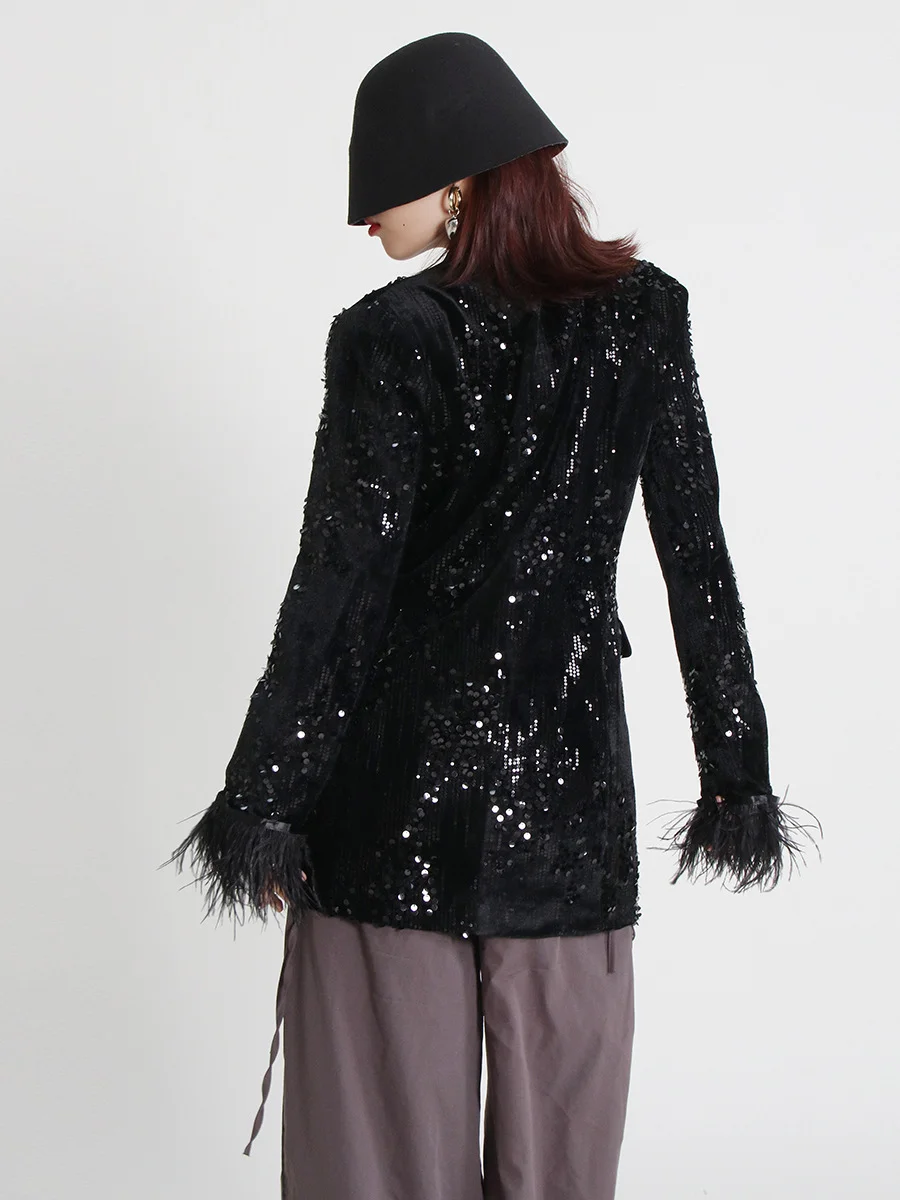 Woherb Woherb 2024 New V-Neck Long Sleeve Sequin Ostrich Splicing Suit Jacket-Outfit Ideas