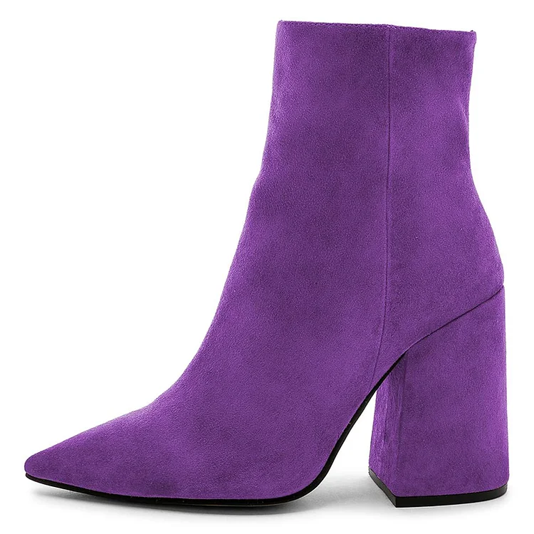 Purple Vegan Suede Pointy Toe Block Heel Ankle Boots |FSJ Shoes