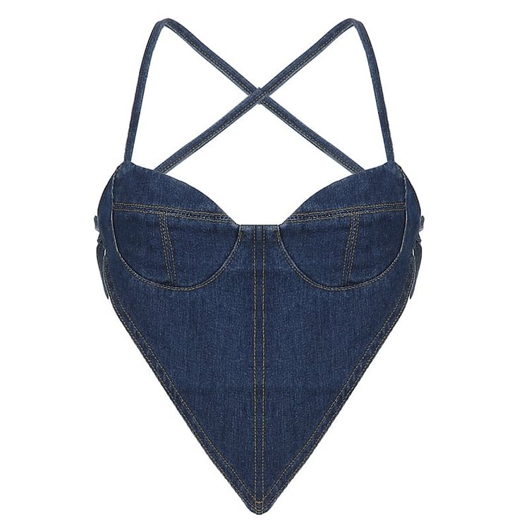 Sweetown Backless Bandage Sexy Irregular Denim Crop Top Female Contrast Stitching Slim Corset Camisole Cool Cow Girl Streetwear