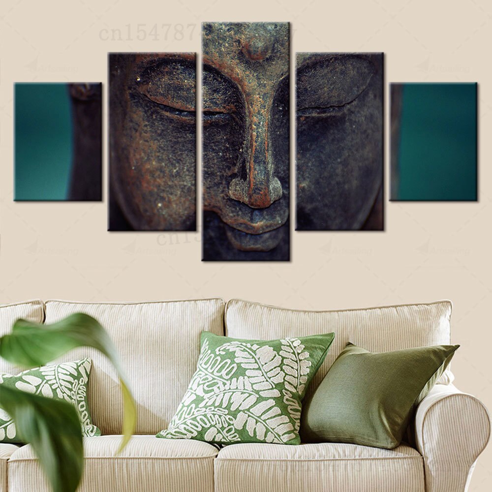 5 Panel Large Buddha Face Wall Art Canvas Prints Buddhism Religion Paintings Living Room Decoration Aesthetic Artwork Print