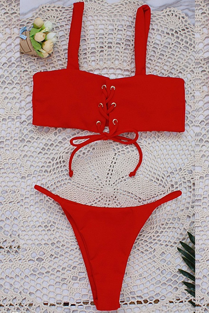 Red Strappy Lace Up High Cut Ribbed Thong Sexy Bikini Swimsuit-elleschic