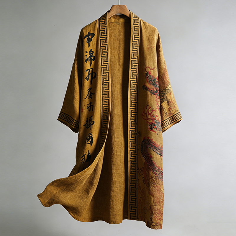Men's Japanese Dragon And Calligraphy Linen Long Kimono  artssus
