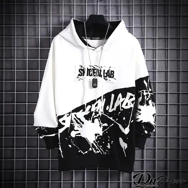 Men Street Long Sleeve Hat Rope Pocket Design Letter Printed Color Blocking Loose Hoodie