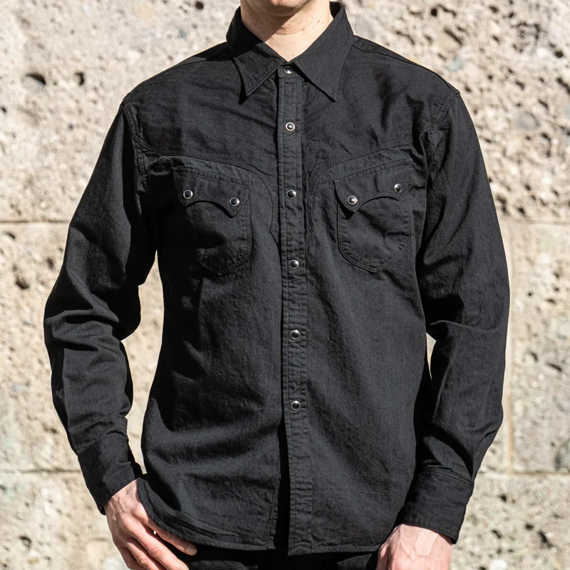 6.5oz Black 100% Zimbabwe Cotton Buffalo Horn Front Yoke Western Shirt