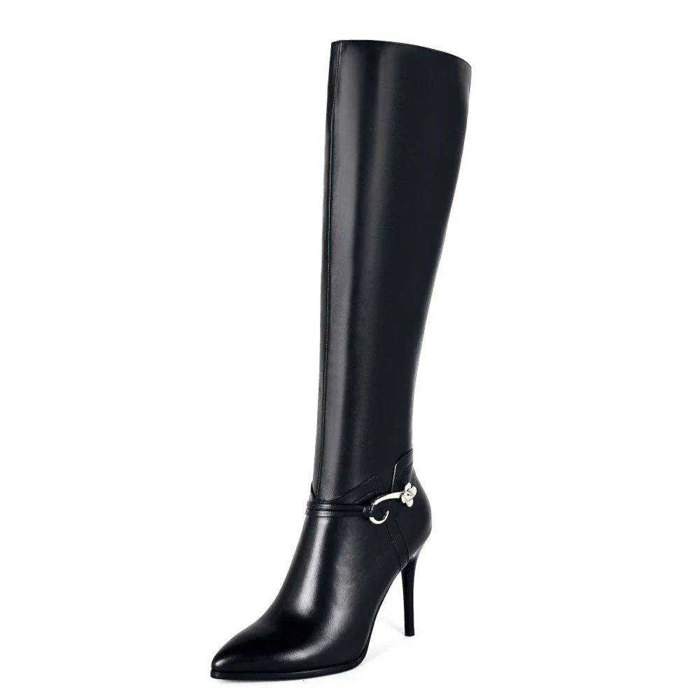 Women's Knee Boots Leather Thin Heels Shoes Dress Party Winter Knee High Boots-MERUMOTE