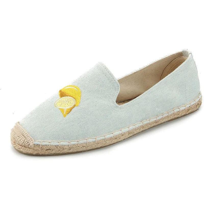 Qjong 2020 New Fashion Embroidery Lemon Comfortable Ladies Womens Casual Espadrilles Shoes Breathable Flax Hemp Canvas For Girls