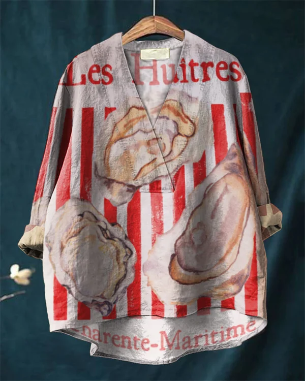 Les Huîtres Oyster Print Casual V-neck Cotton and Linen Shirt