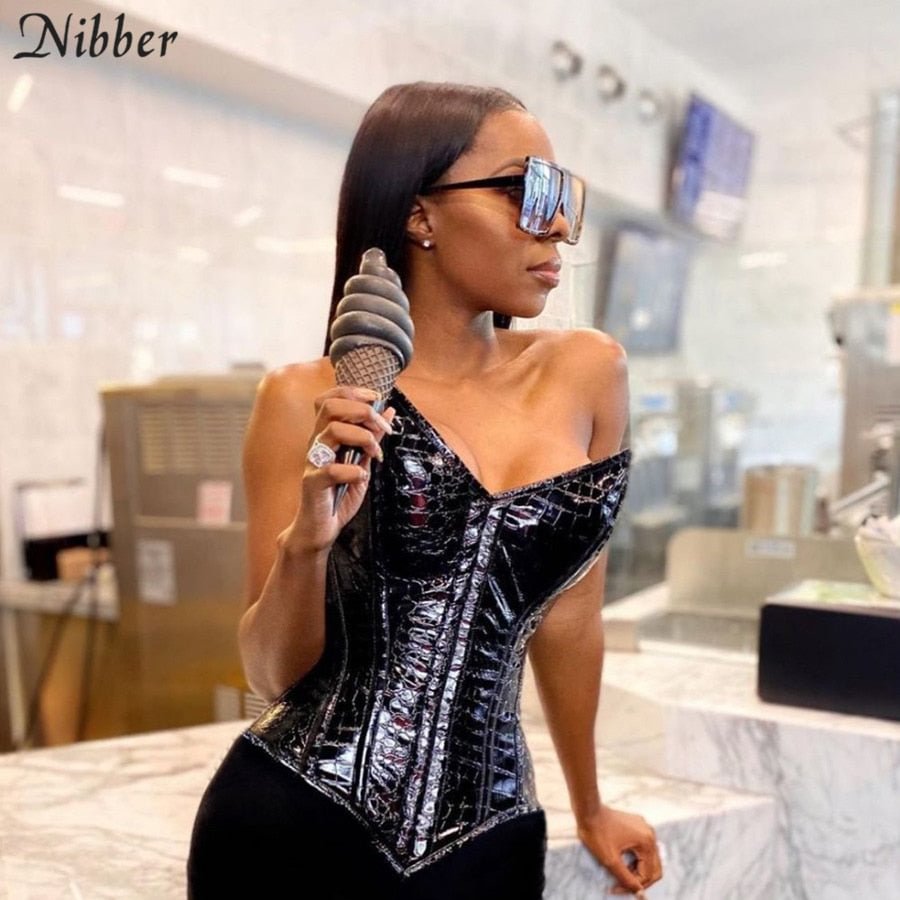 Nibber Sexy Backless Popular Faux Leather Bandage Corset Women Chic Irregular Sleeveless Clubwear Skinny Street Basic Tanks Top