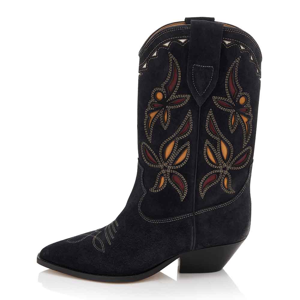 Black Vegan Suede Chunky Heels Embroidered Mid-Calf Cowgirl Boots