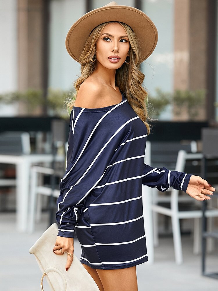 Stripe Print Irregular One Shoulder Long Sleeve T-shirt Dress