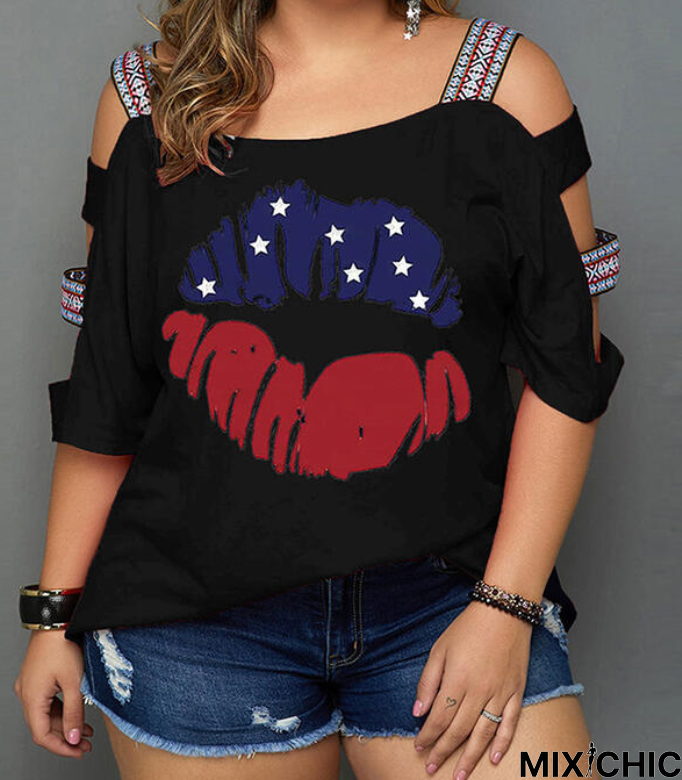 Print Cold Shoulder 3/4 Sleeves Casual Plus Size Blouses