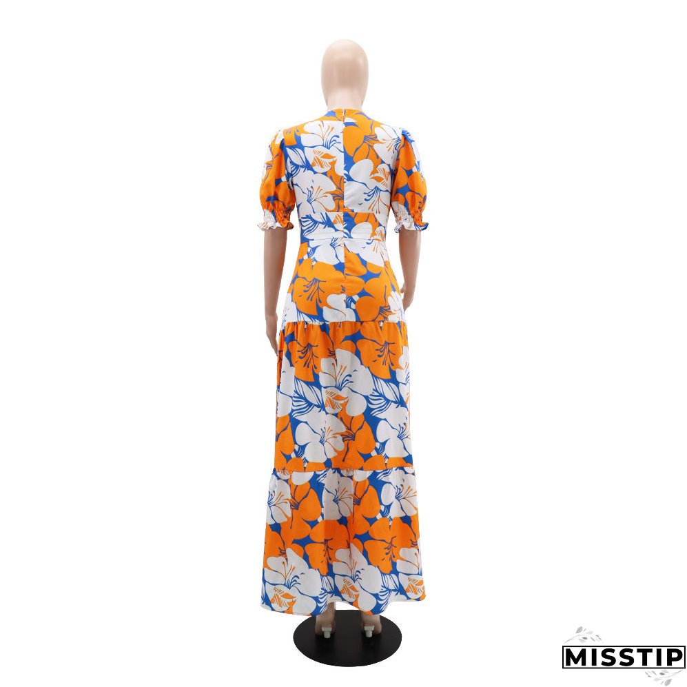 Women Elegant Printed V-Neck Puff Sleeve Patchwork Maxi Dress