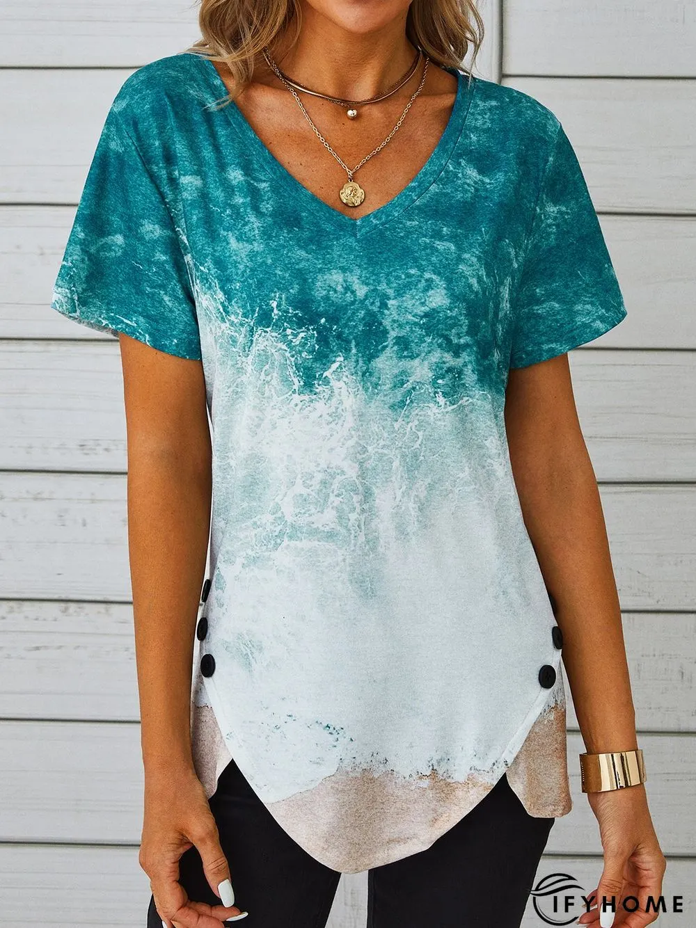 V Neck Vacation Regular Fit Short Sleeve T-Shirt | IFYHOME