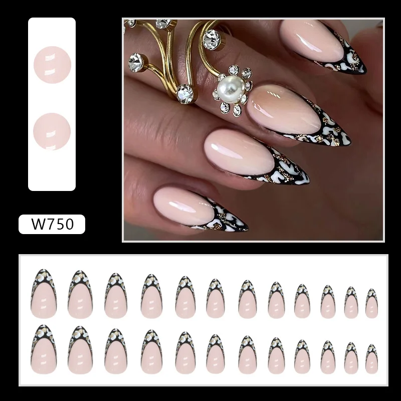 Churchf Churchf Girl Almond Nail Black Leopard Print French Flash Pink Nail Ins Wind Fake Round Fingernail Piece