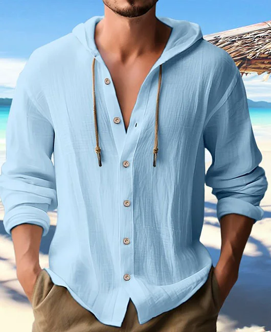 Casual Linen Single Breasted Drawstring Solid Long Sleeve Hoodie 