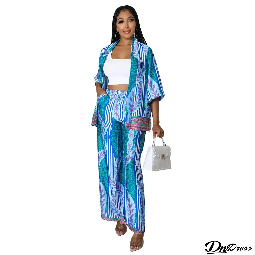 Women Long Sleeve Printed Top + Wide Leg Pants Two Piece Set
