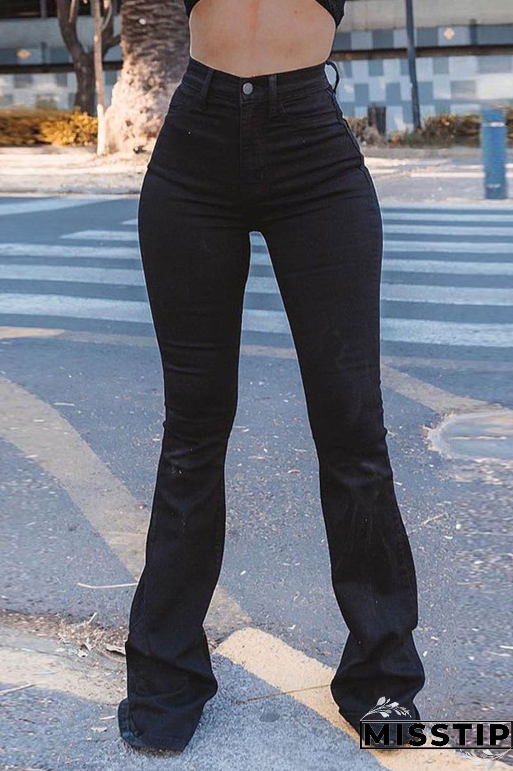Black Casual Street Solid Patchwork High Waist Boot Cut Denim Jeans