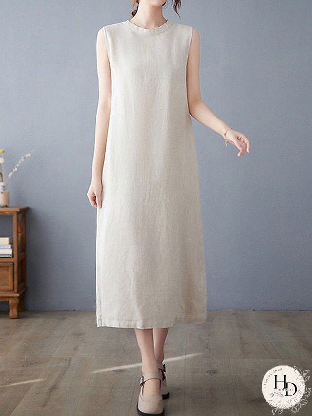 Cotton Linen Dress Casual Dress Midi Dress Linen Cotton Blend Basic Modern Outdoor Daily Vacation Stand Collar Pocket Sleeveless Summer Spring Loose Fit Navy Blue Apricot Plain M L XL 2XL for Women