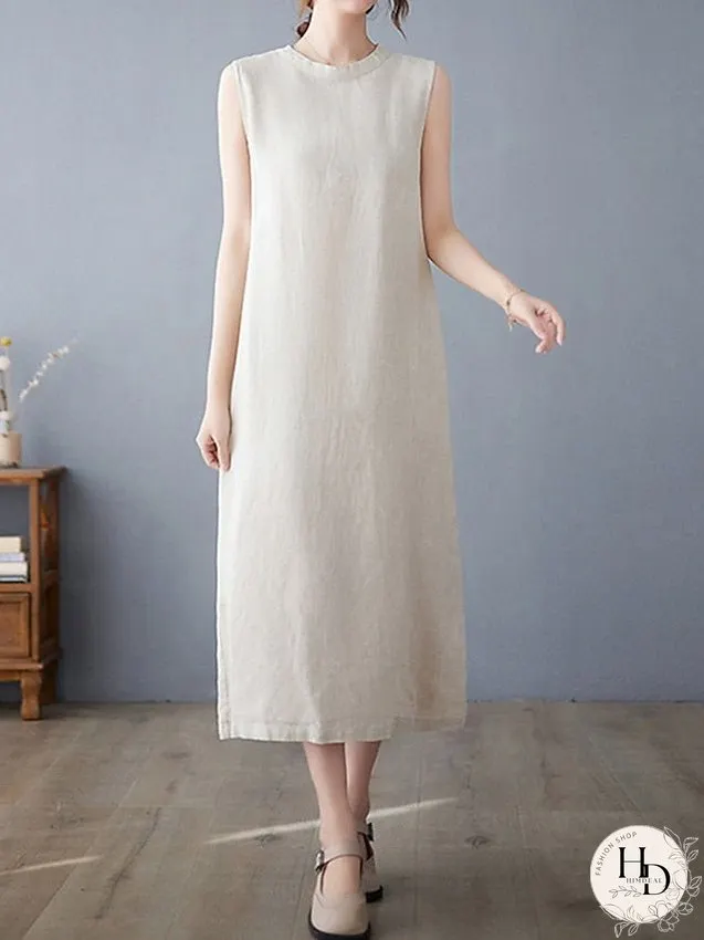 Cotton Linen Dress Casual Dress Midi Dress Linen Cotton Blend Basic Modern Outdoor Daily Vacation Stand Collar Pocket Sleeveless Summer Spring Loose Fit Navy Blue Apricot Plain M L XL 2XL for Women