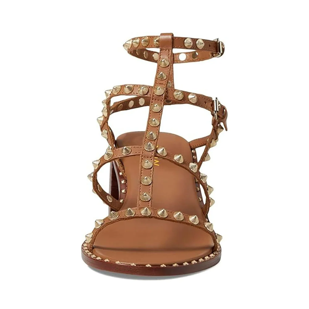 Brown Round Toe Chunky Heel Ankle Strap Gladiator Sandals with Rivet