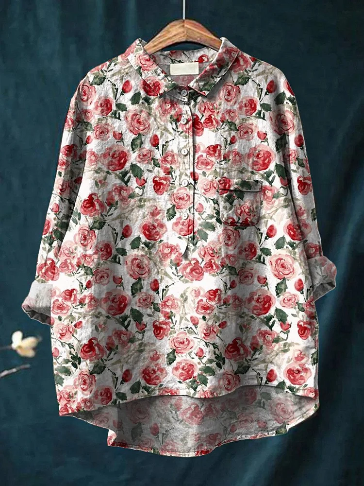 Watercolor Red Rose Pattern Printed Womens Casual Cotton And Linen Shirt
