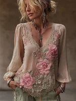 Boho Pink Floral Lace Embroidered V Neck Linen Tunic