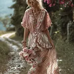 Bohème Style Retro Patchwork Plaid Skirt Rose Embroidery V-neck Dress - Image 2