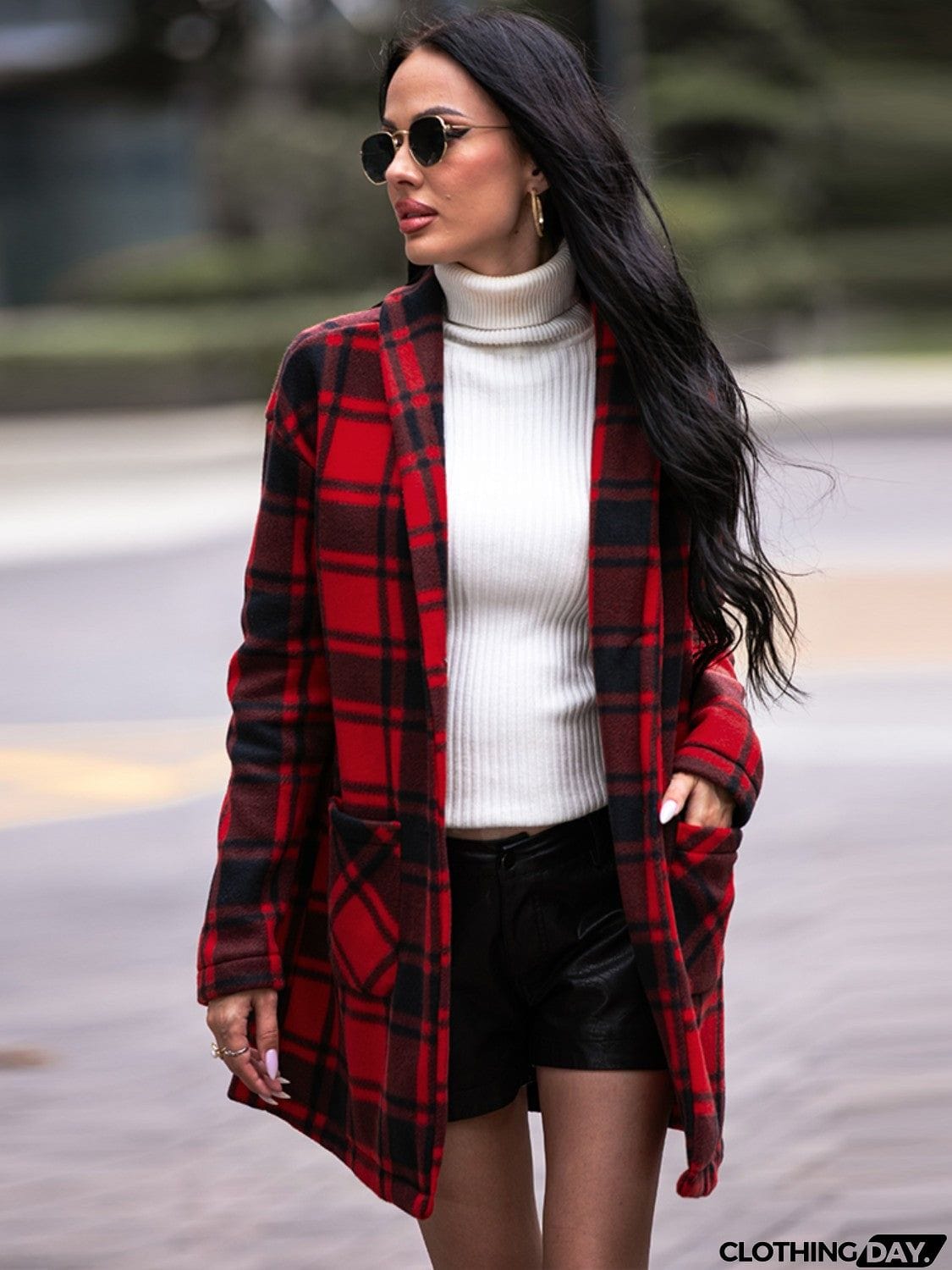 Plaid Shawl Collar Coat with Pockets