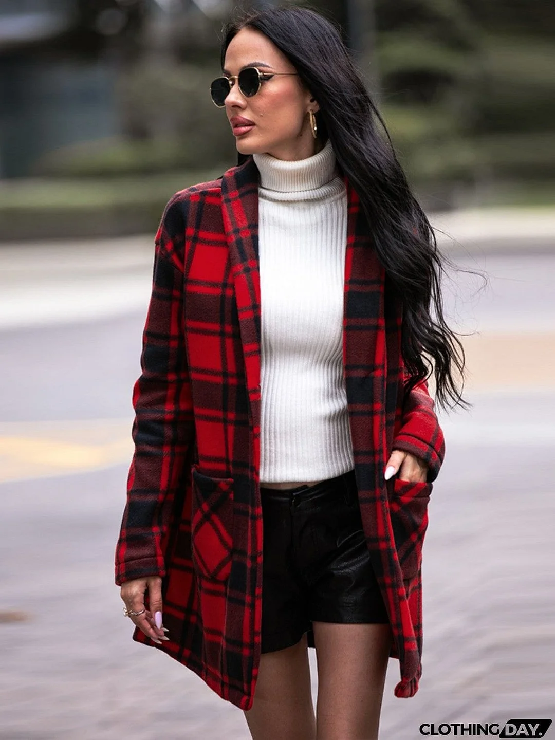 Plaid Shawl Collar Coat with Pockets