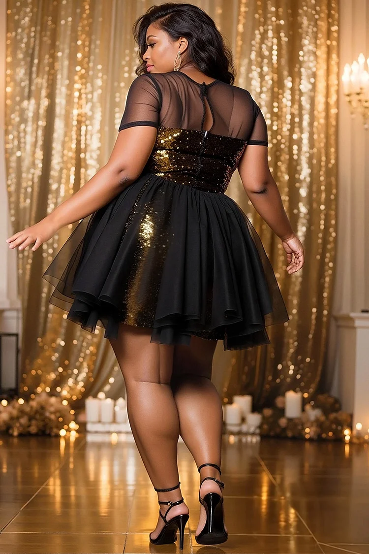 Xpluswear Design Plus Size Party Tulle Black Round Neck Short Sleeve See Through Vintage Sequin Mini Dresses [Pre-Order]