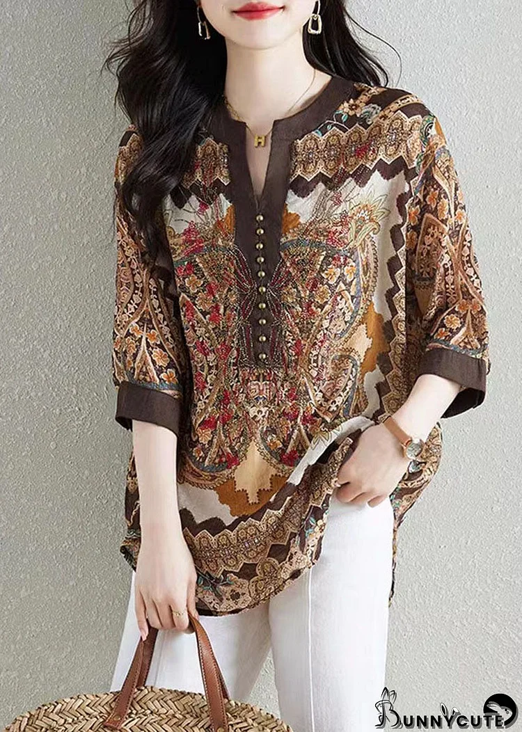 Style Khaki V Neck Print Patchwork Chiffon Shirt Tops Summer