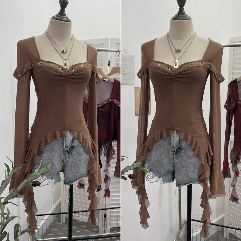 Churchf Double-Layer Screen Printing Hottie Retro Collar Horn Long-Sleeved Top Irregular Ribbon Short T-Shirt 6110