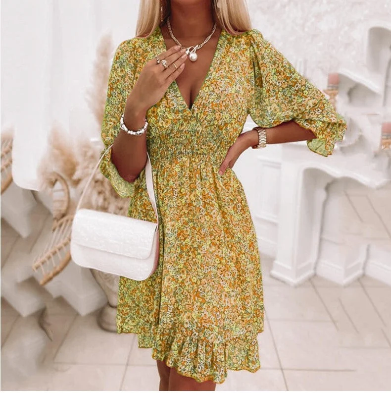 Uveng Temperament Commute Pullover Print Short Sleeve Puff Mid-waist Floral Dress